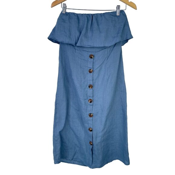 Olivaceous Strapless Dress Size Small Chambray Button Front Ramie Linen Blue - Picture 1 of 7